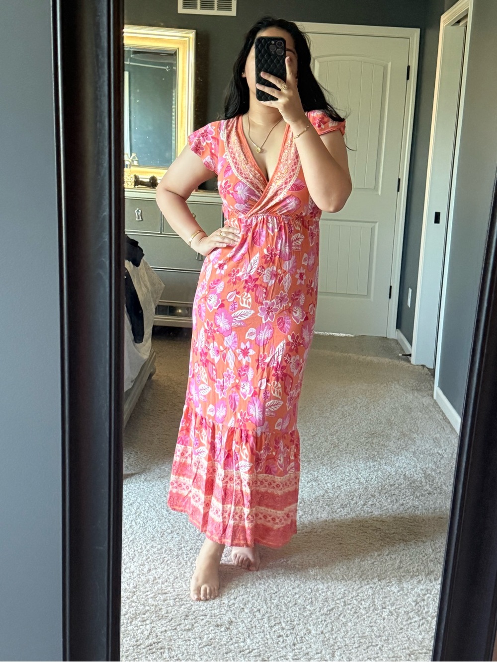 Women's Pink Floral Maxi Dress with V-Neck
